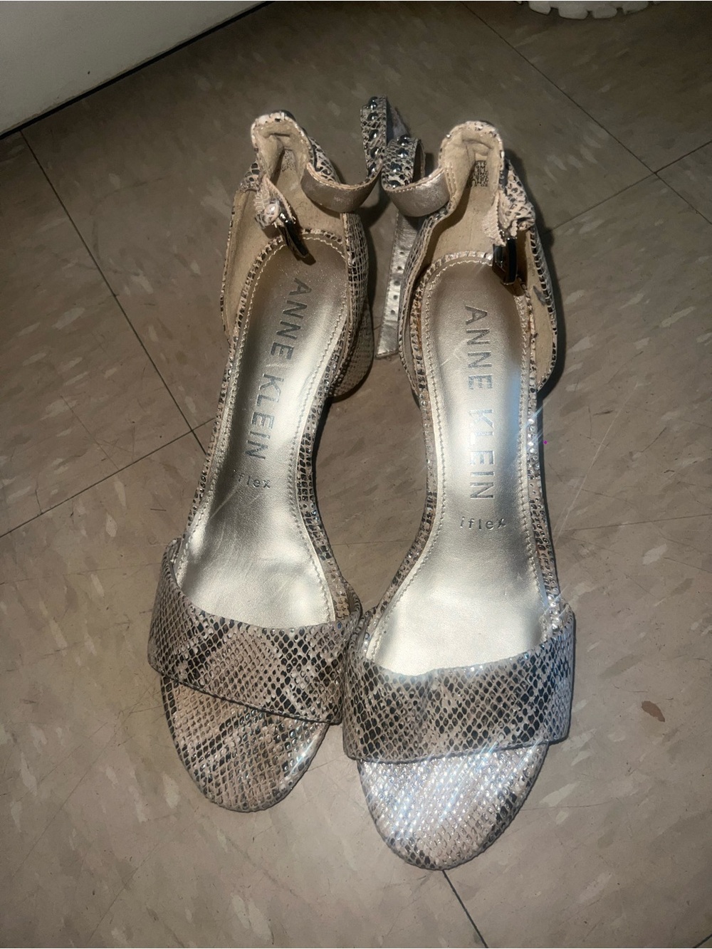Anne Klein Beige Snake-Print Ankle Strap Heels Size 8